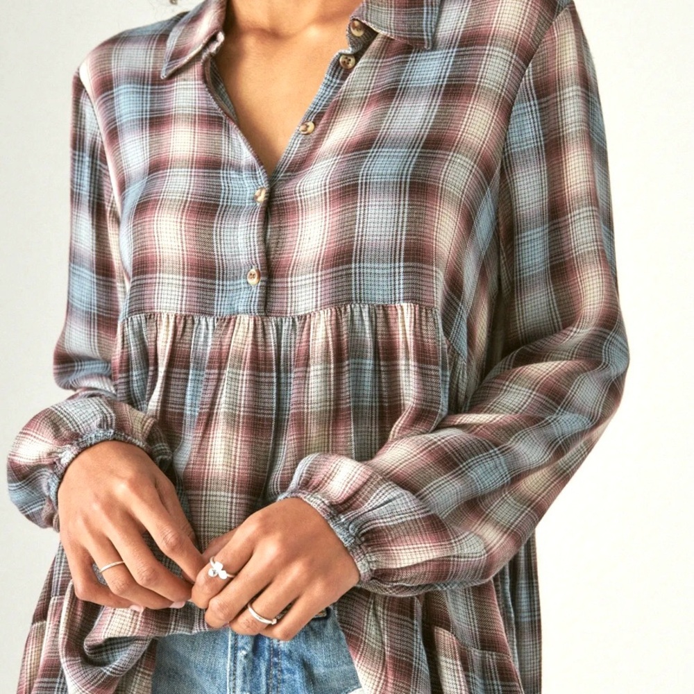 Lucky Brand Multicolor Plaid Button Tunic Top • Medium